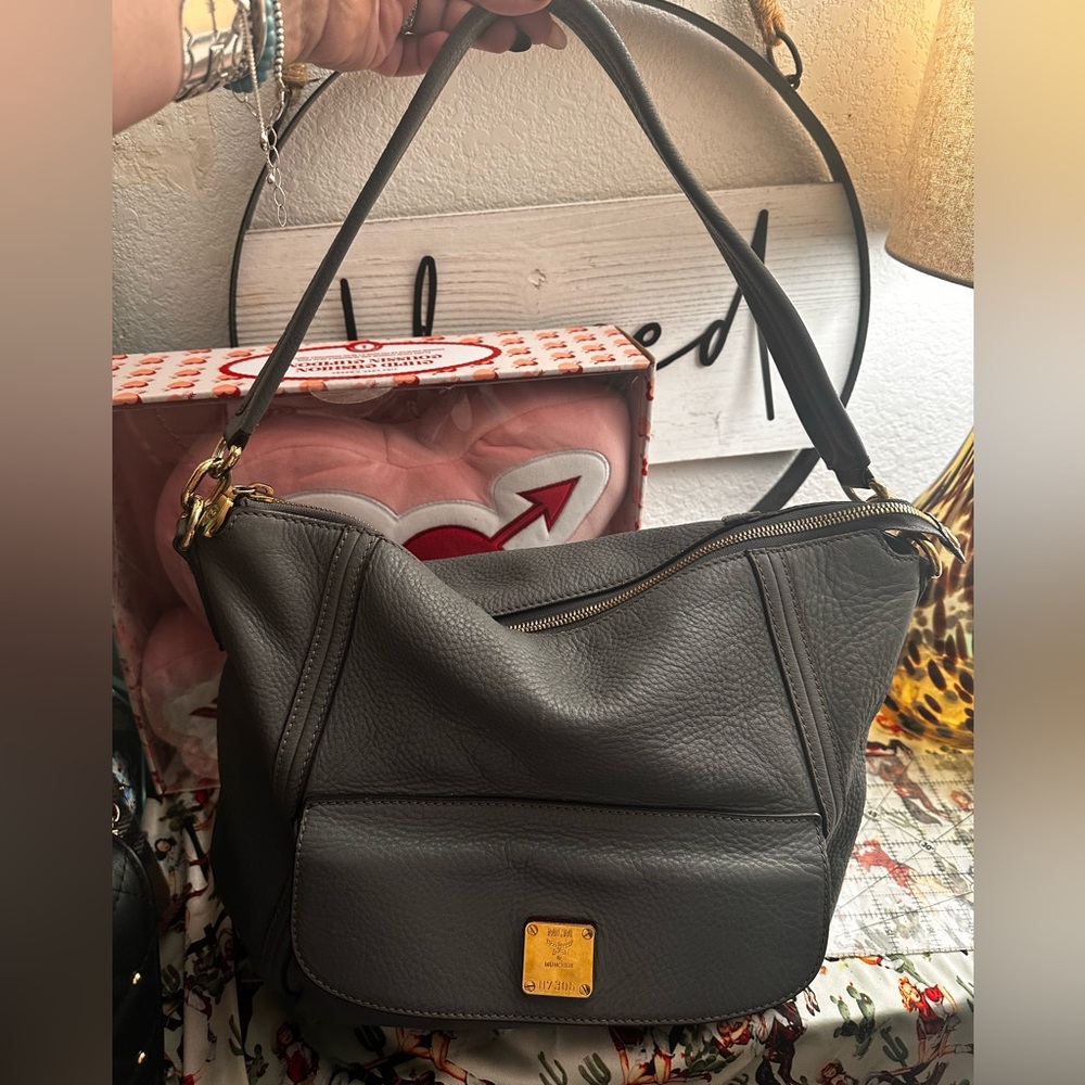 MCM Gray Leather Shoulder Bag